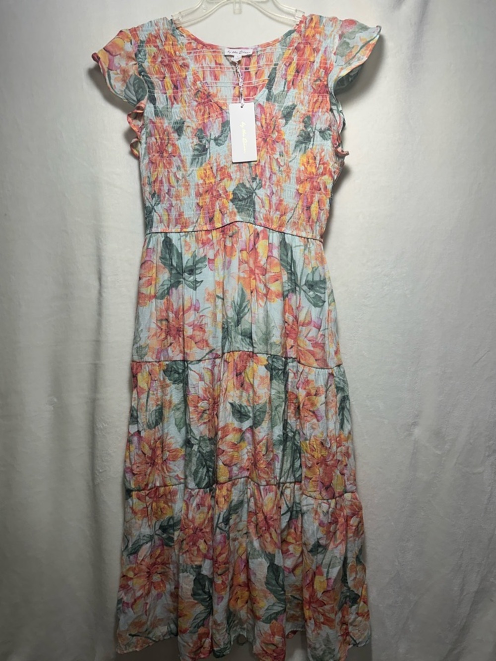 Tiered Floral Maxi Dress in Peach & Green - Smocked Bodice